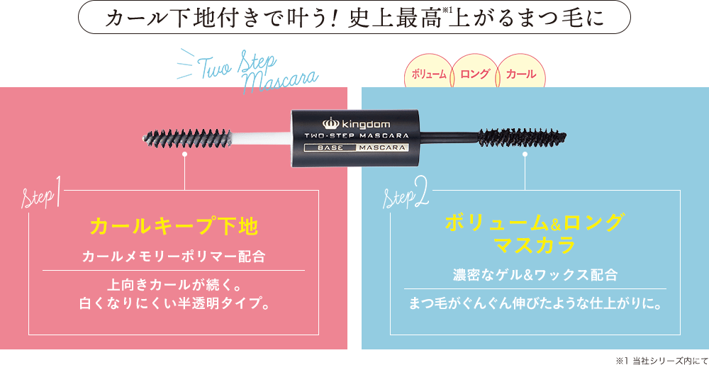 カール下地付きで叶う！史上最高※1上がるまつ毛に step1カールキープ下地 カールメモリーポリマー配合 上向きカールが続く。白くなりにくい半透明タイプ。step2ボリューム＆ロングマスカラ 濃密なゲル＆ワックス配合 まつ毛がぐんぐん伸びたような仕上がりに。 ※1当社シリーズ内にて