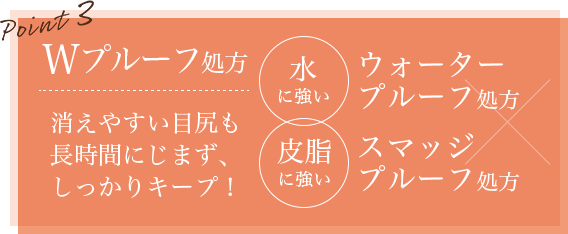Wプルーフ処方 消えやすい目尻も長時間にじまず、しっかりキープ!水に強い 皮脂に強い ウォータープルーフ処方 スマッジプルーフ処方